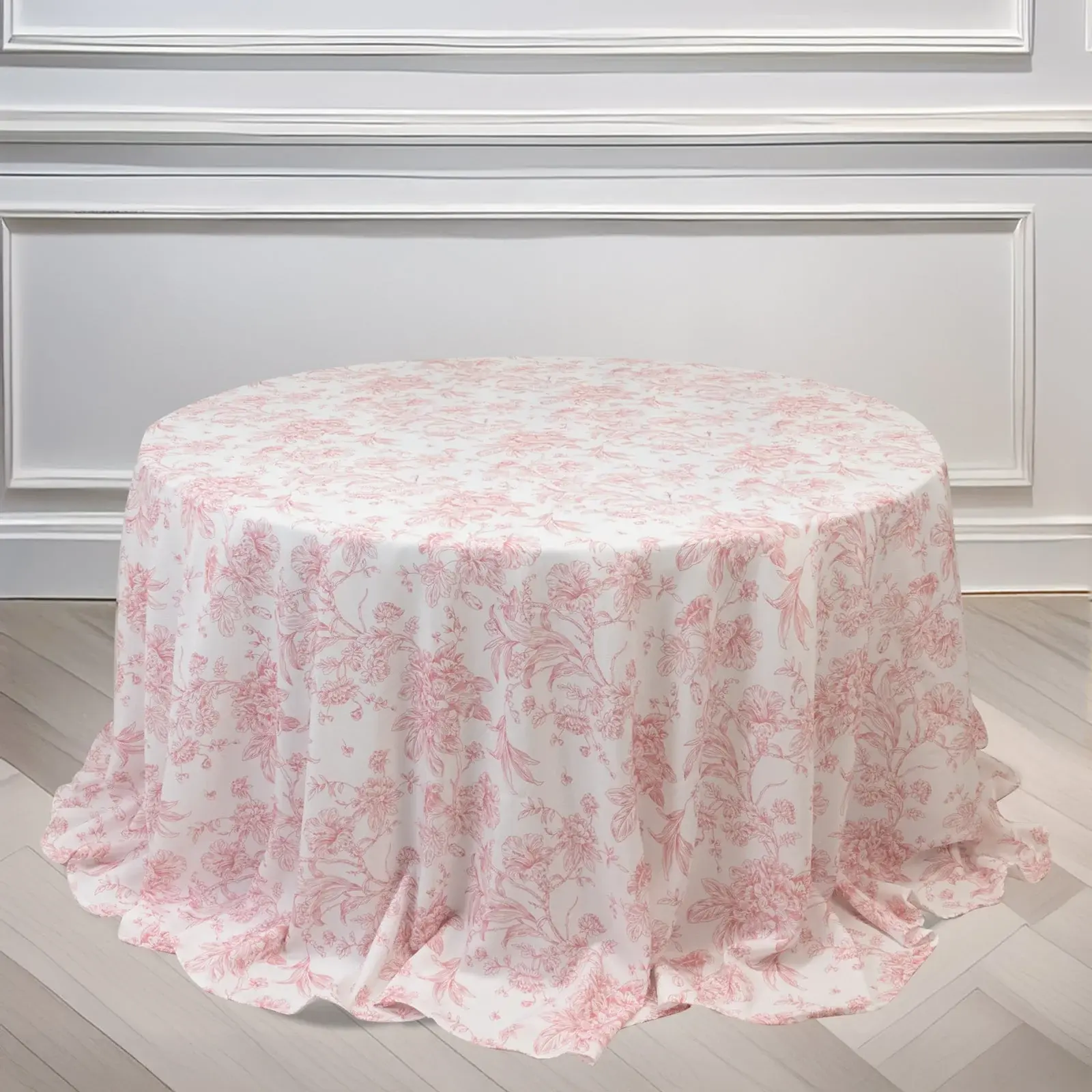132″ French Toile Polyester Round Tablecloth – Rental