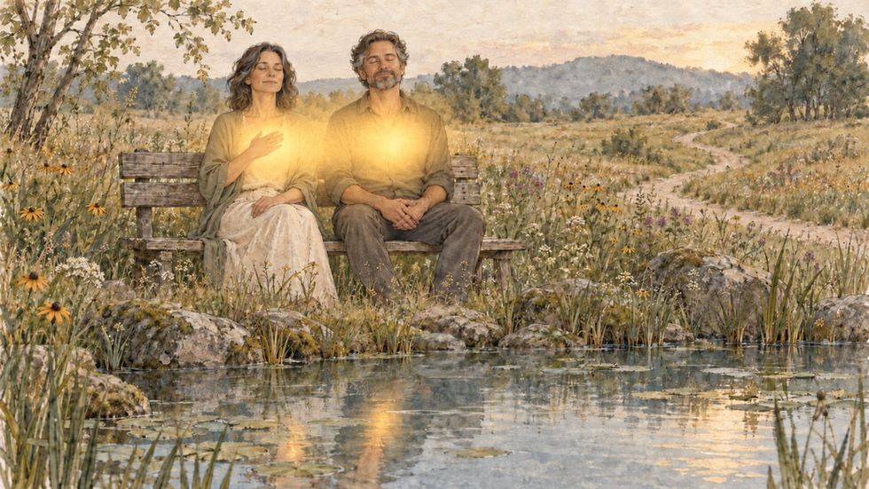 Woman with eyes closed and hand on heart, a warm golden glow radiating from her chest as her partner sits softly out of focus behind her