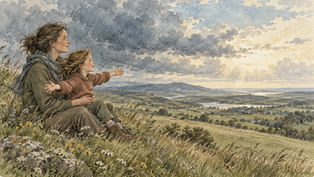 Parent on a grassy hilltop holding a young child who reaches joyfully toward a wide landscape under a clearing stormy sky
