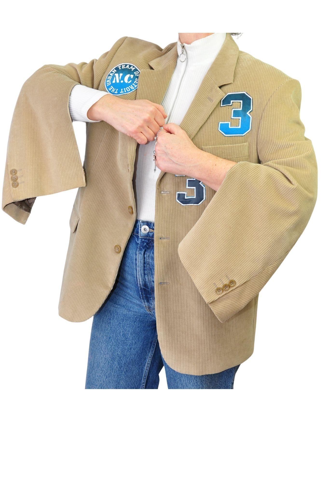RIBCOLBERT MET PATCHES EN KIMONO EFFECT