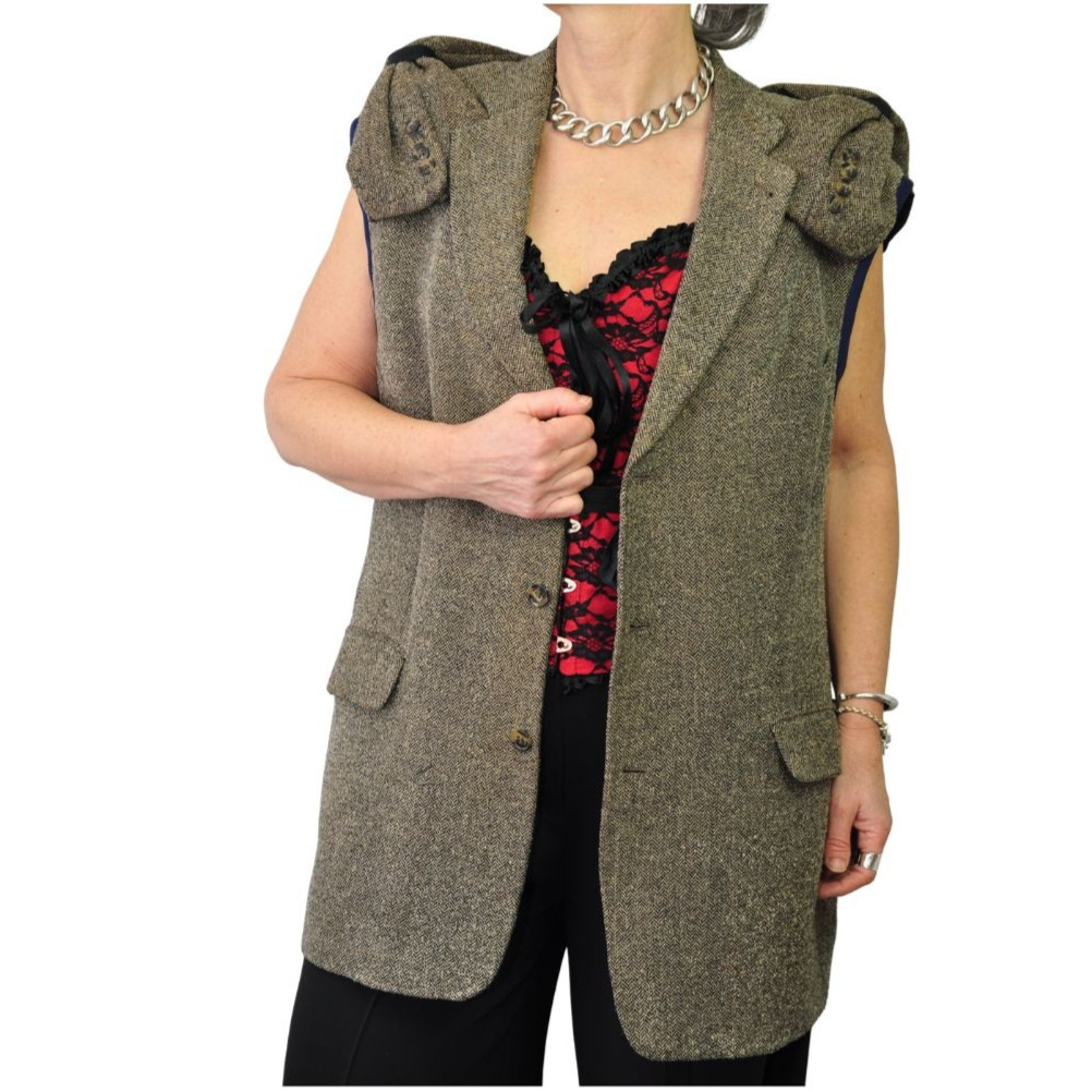 VINTAGE VISGRAAT GILET COLBERT MET STRIKDETAILS