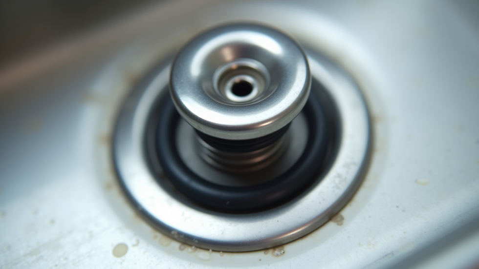 High angle view of a stainless steel sink stopper with a rubber seal