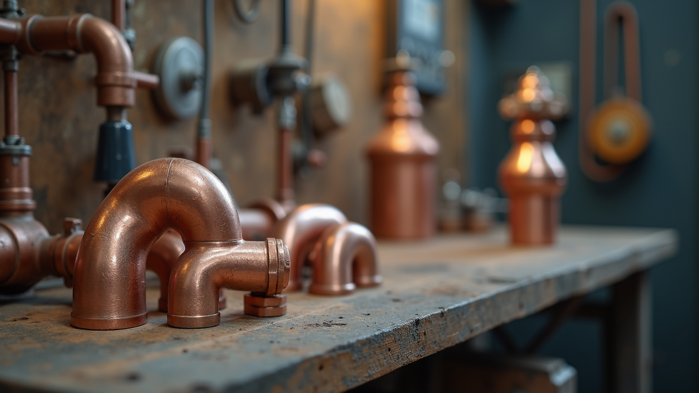 Close-up view of copper plumbing pipes and fittings arranged on a workbench
