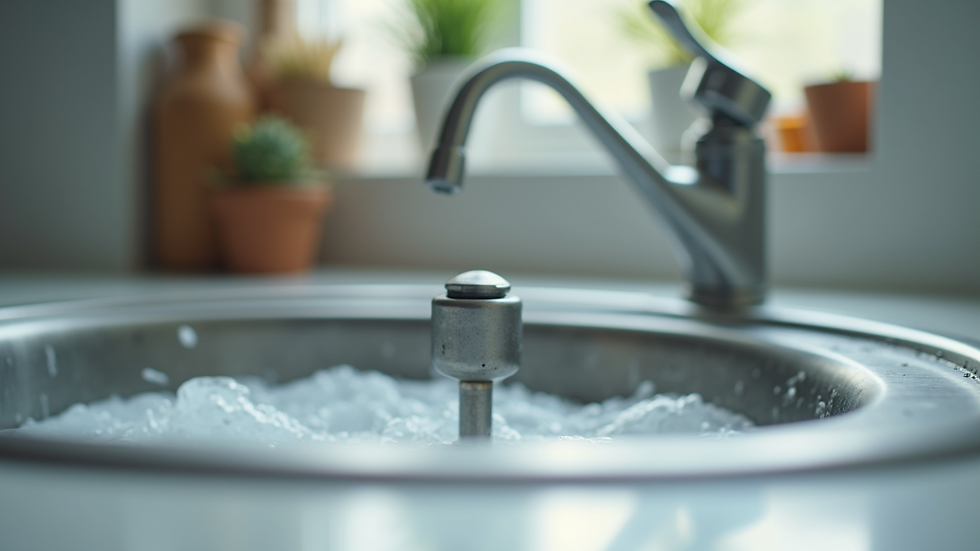 Eye-level view of a clean kitchen sink with a stainless steel stopper in place