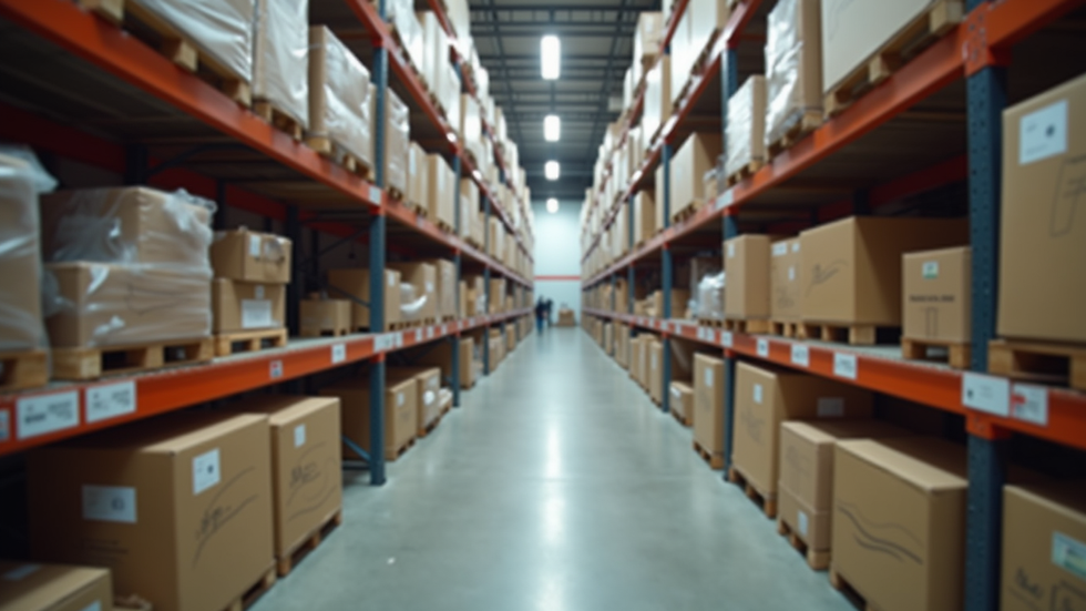 Eye-level view of a warehouse shelf stocked with plumbing supplies in boxes