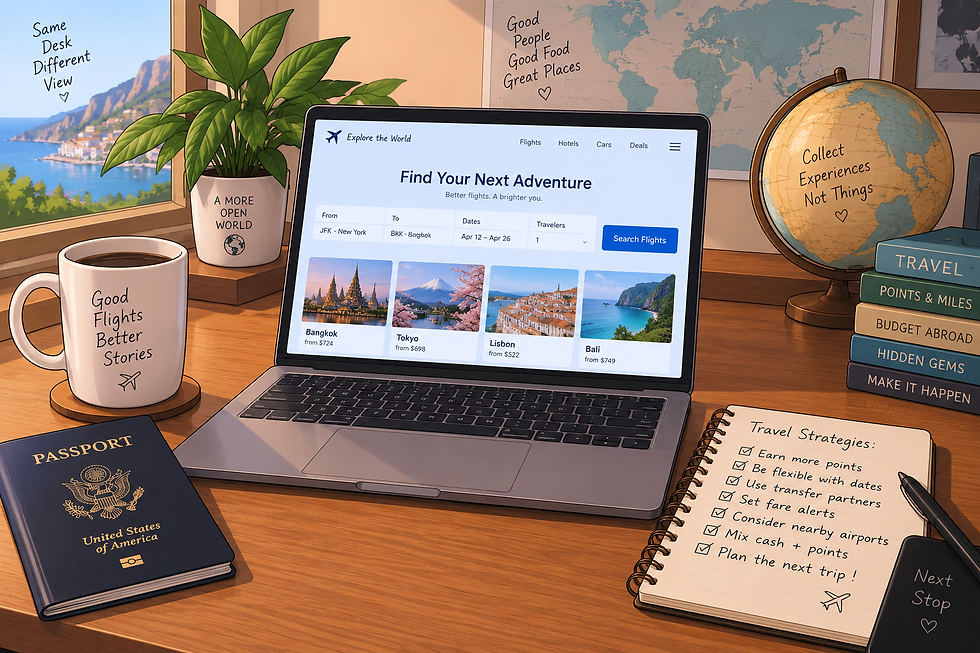 laptop on a desk with travel material and passport