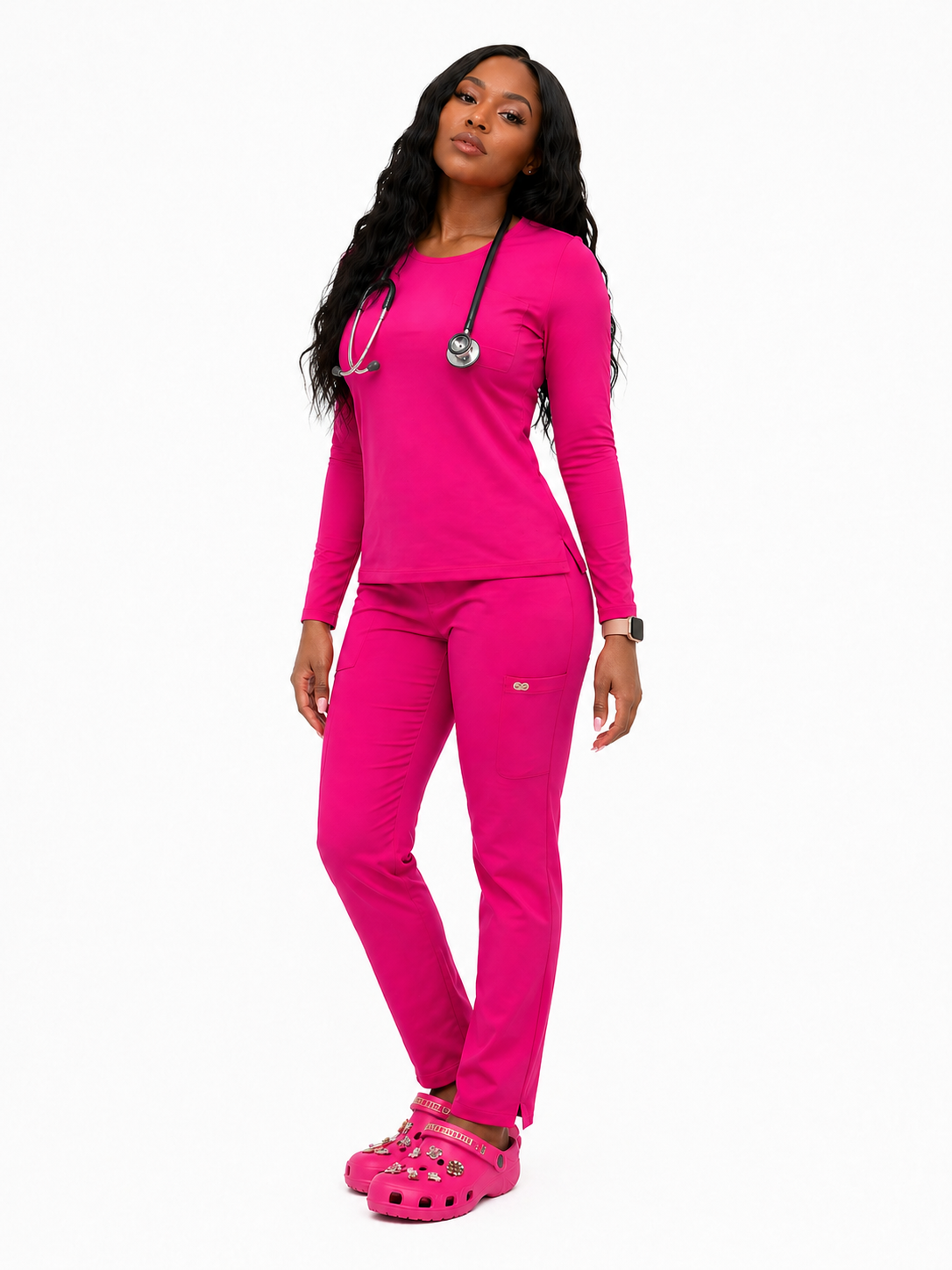 Hot Pink 4-Way Stretch Yoga Scrubs Set – Long Sleeve w/ 8 Pockets | Flex Comfort