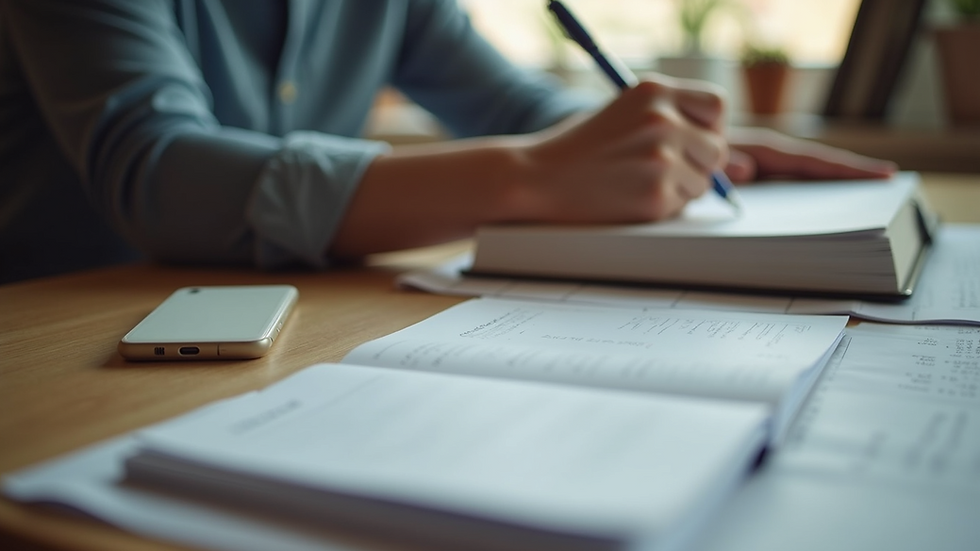 Close-up view of a student studying for the IELTS exam with books and notes