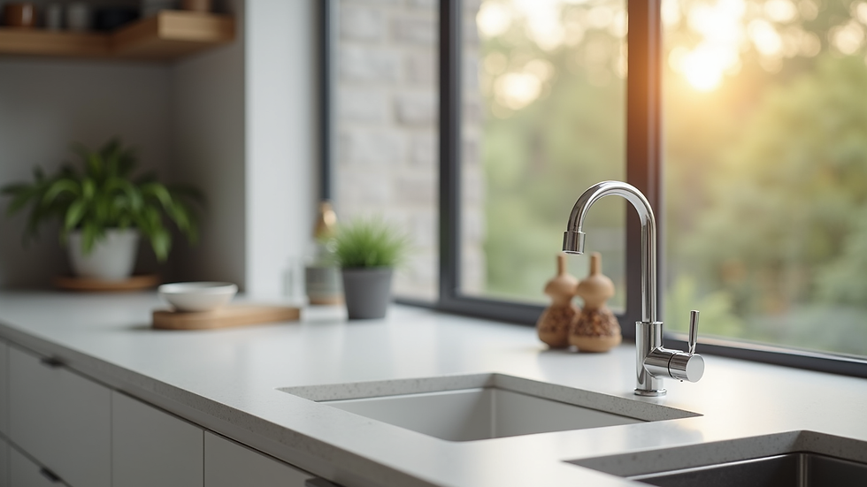Close-up view of a kitchen countertop with modern faucet and organized storage