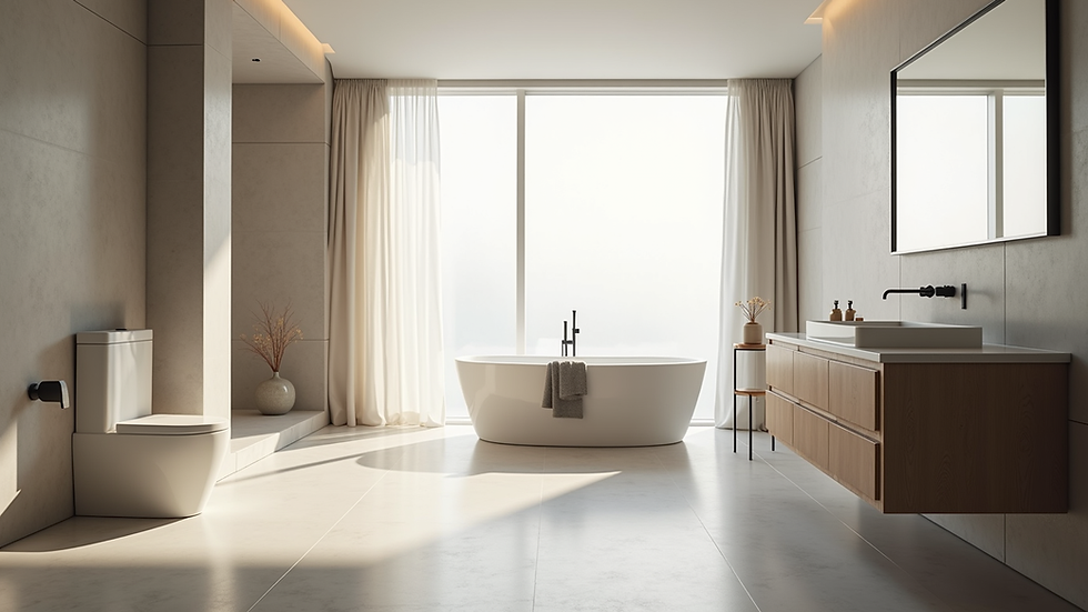 Eye-level view of a modern bathroom with natural light and elegant fixtures