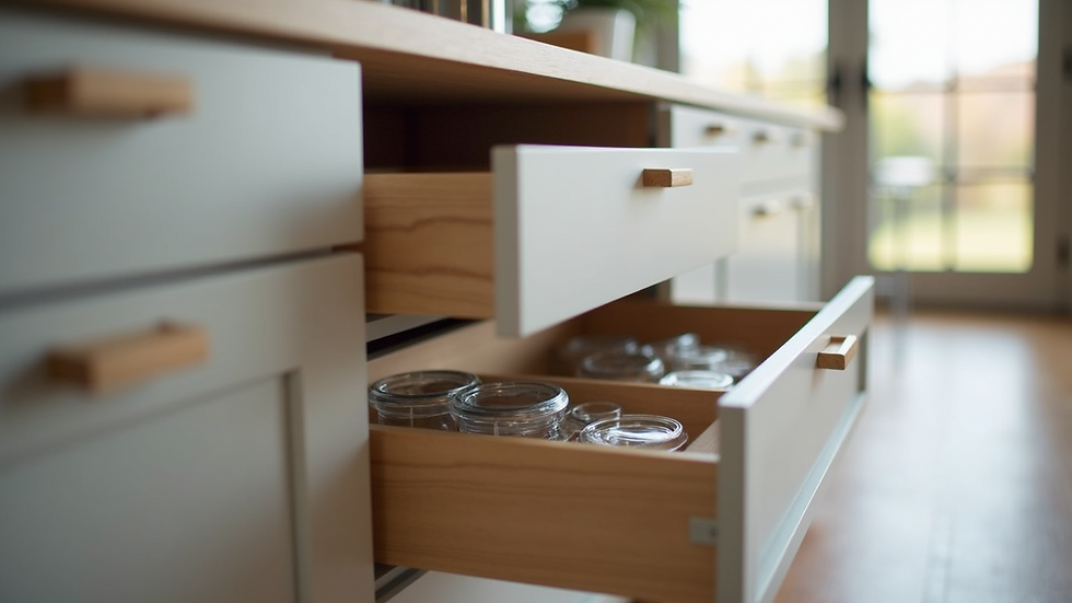 Close-up view of custom kitchen cabinet drawers with built-in organizers