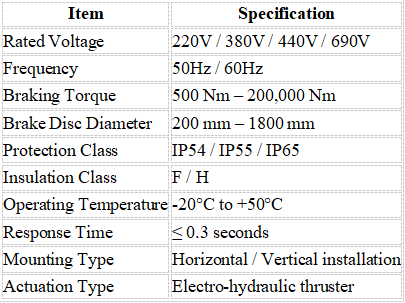 Electro-hydraulic Disc Brakes Parameter Table