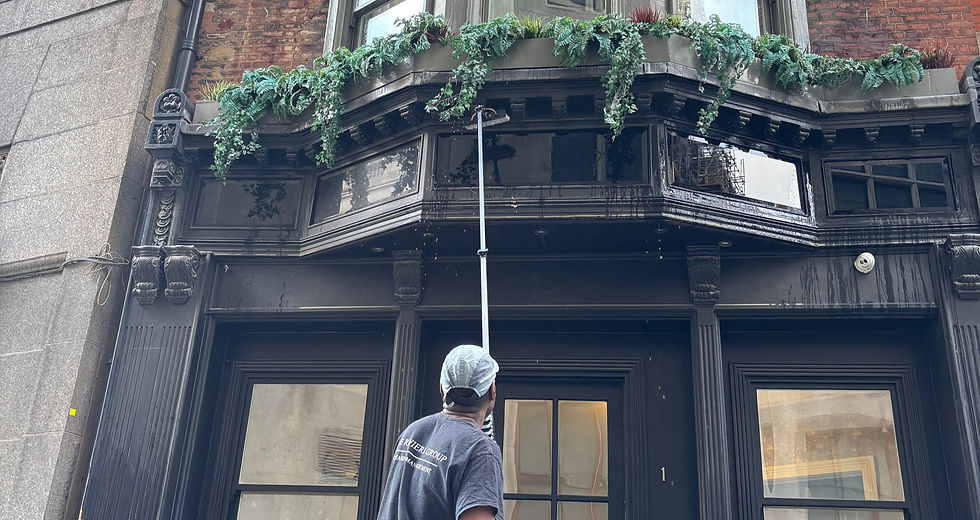 Professional window cleaner from The Riviera Group uses a long pole with soft-bristled brush to clean the exterior glass of a black storefront with hanging greenery.