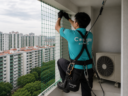 Coogle Aircon technician professionally installing bird netting on HDB aircon ledge in Singapore high-rise flat