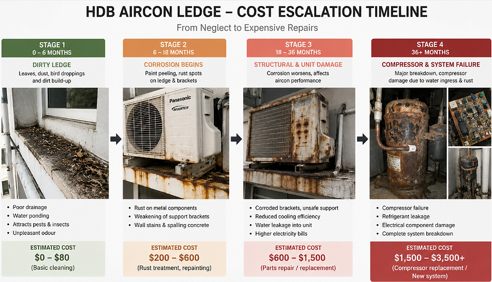 Visual timeline showing the true cost of ignoring pigeons on an HDB aircon ledge in Singapore — from droppings buildup to corrosion to compressor failure