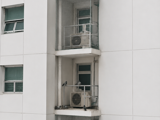 HDB block in Singapore showing multiple aircon ledges with bird netting installed and one unprotected ledge with pigeons landing on it — why neighbouring netting increases your bird risk