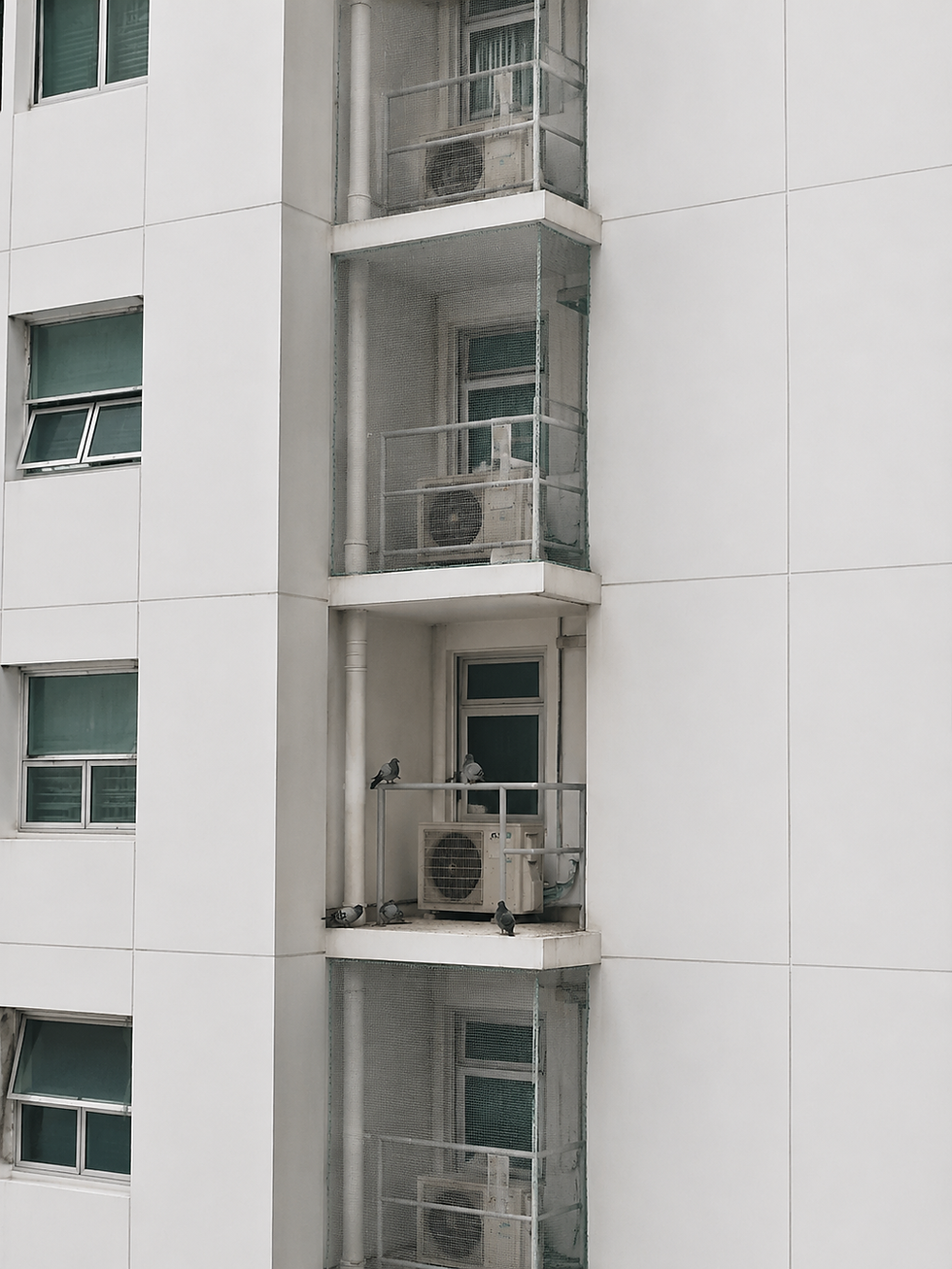 HDB block in Singapore showing multiple aircon ledges with bird netting installed and one unprotected ledge with pigeons landing on it — why neighbouring netting increases your bird risk