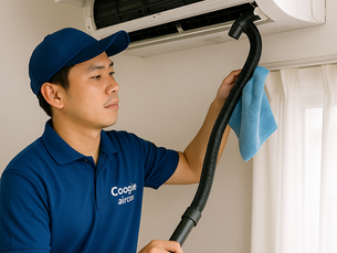 Water dripping from wall-mounted aircon unit in Singapore HDB flat bedroom