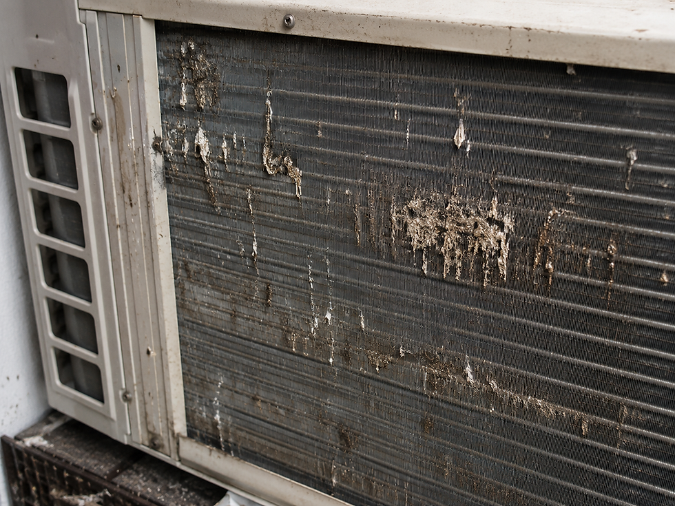 Close-up of corroded aircon outdoor condenser unit aluminium fins damaged by acidic bird droppings in Singapore HDB flat