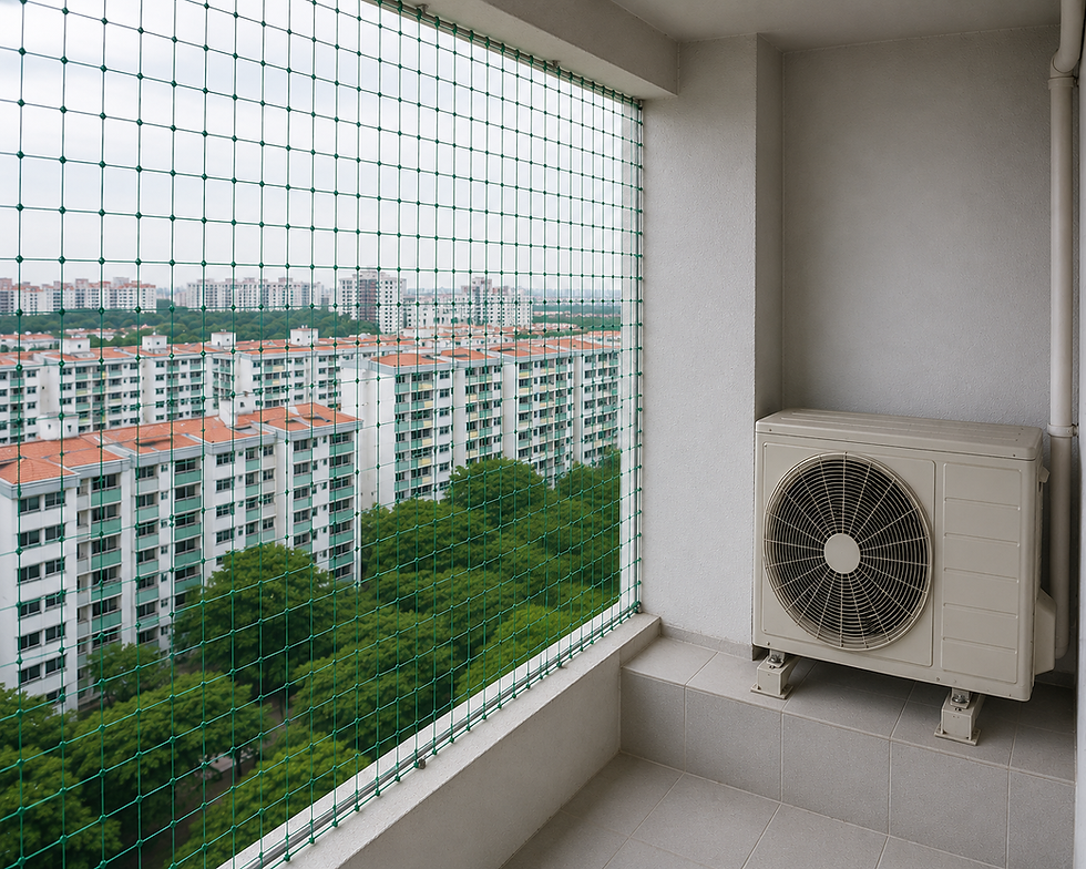 Clean HDB aircon ledge in Singapore after professional bird netting installation by Coogle Aircon — no bird droppings, no debris, outdoor unit fully protected