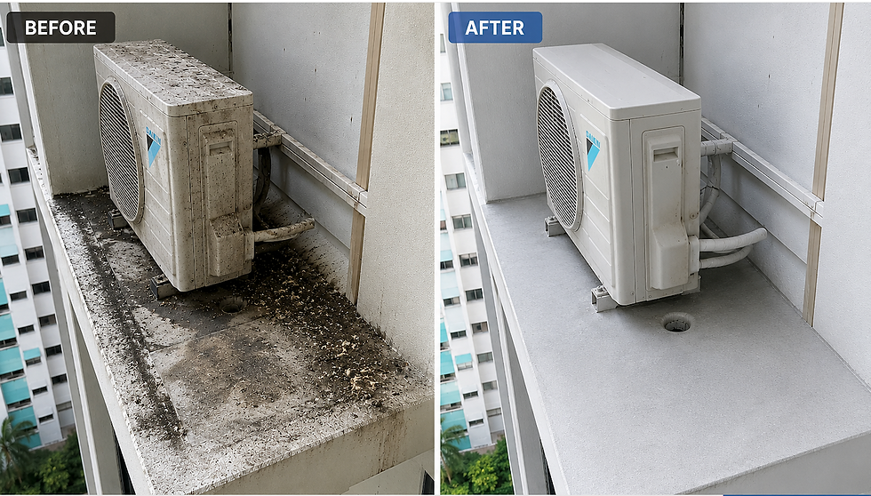 HDB aircon ledge before and after professional cleaning by Coogle Aircon Singapore — dirty outdoor unit with droppings versus clean protected unit