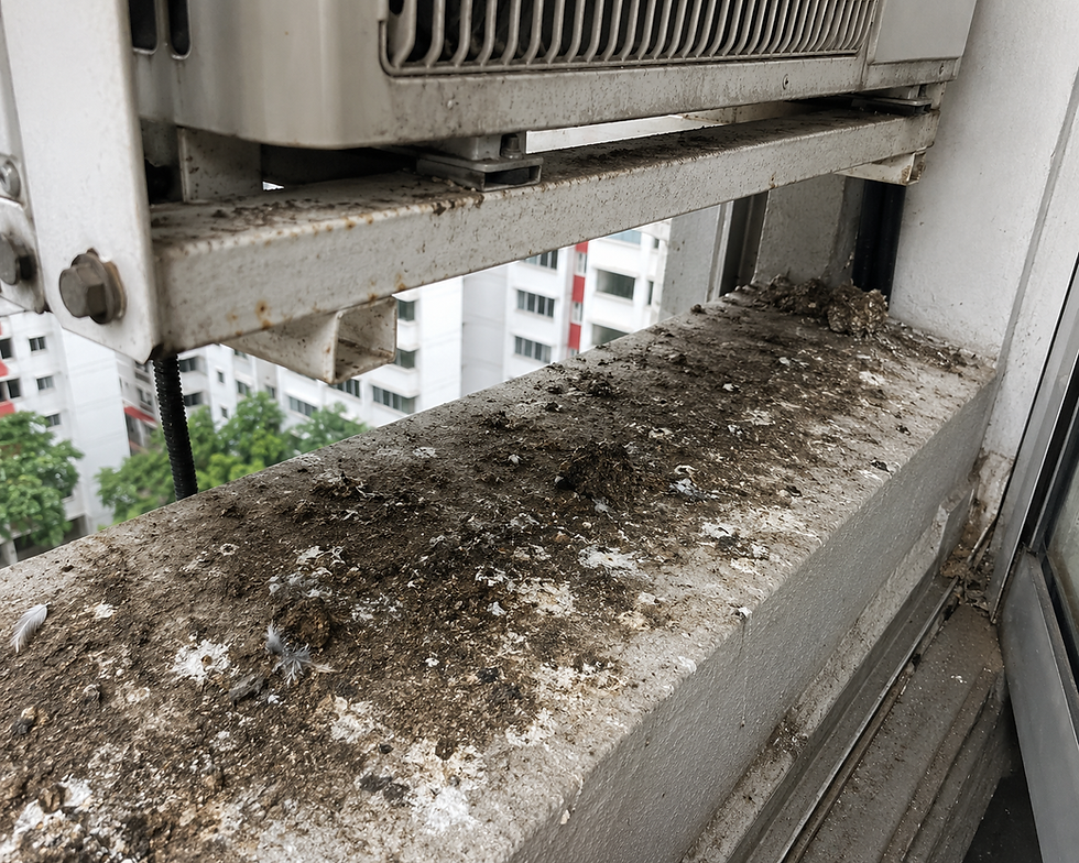 Dirty aircon ledge in Singapore HDB flat with bird droppings, debris and algae buildup on outdoor condenser unit