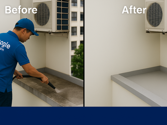 Coogle Aircon technician safely cleaning aircon ledge in Singapore HDB