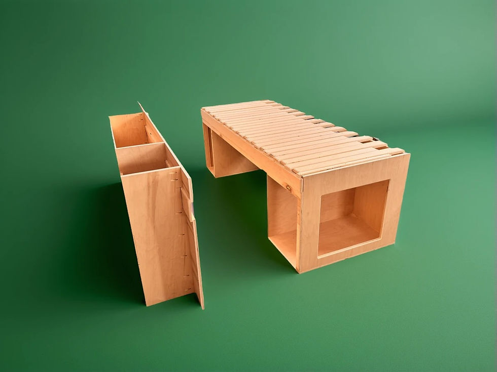 This is an image of cabinets. specifically an extendable bed cabinet made out of maple ply. the bed is not currently extended. there is a cabinet across from it. that cabinet is designed to support the bed extension and house the kitchen. the cabinets are of minimalist design and set against a green backdrop.
