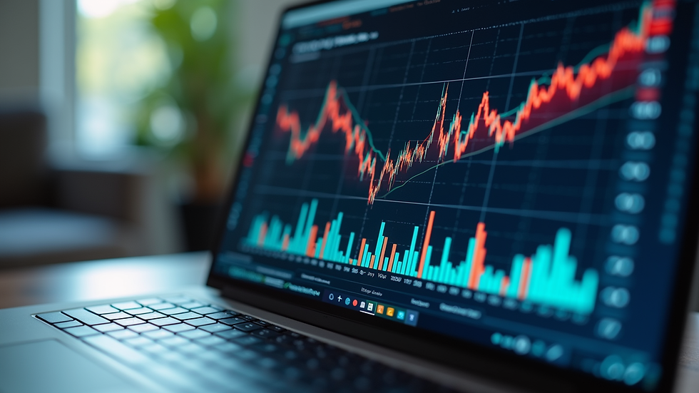 Close-up view of a laptop screen displaying financial graphs and charts