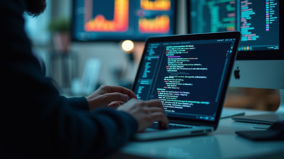 Close-up view of a data scientist working on AI model development with code on a laptop screen