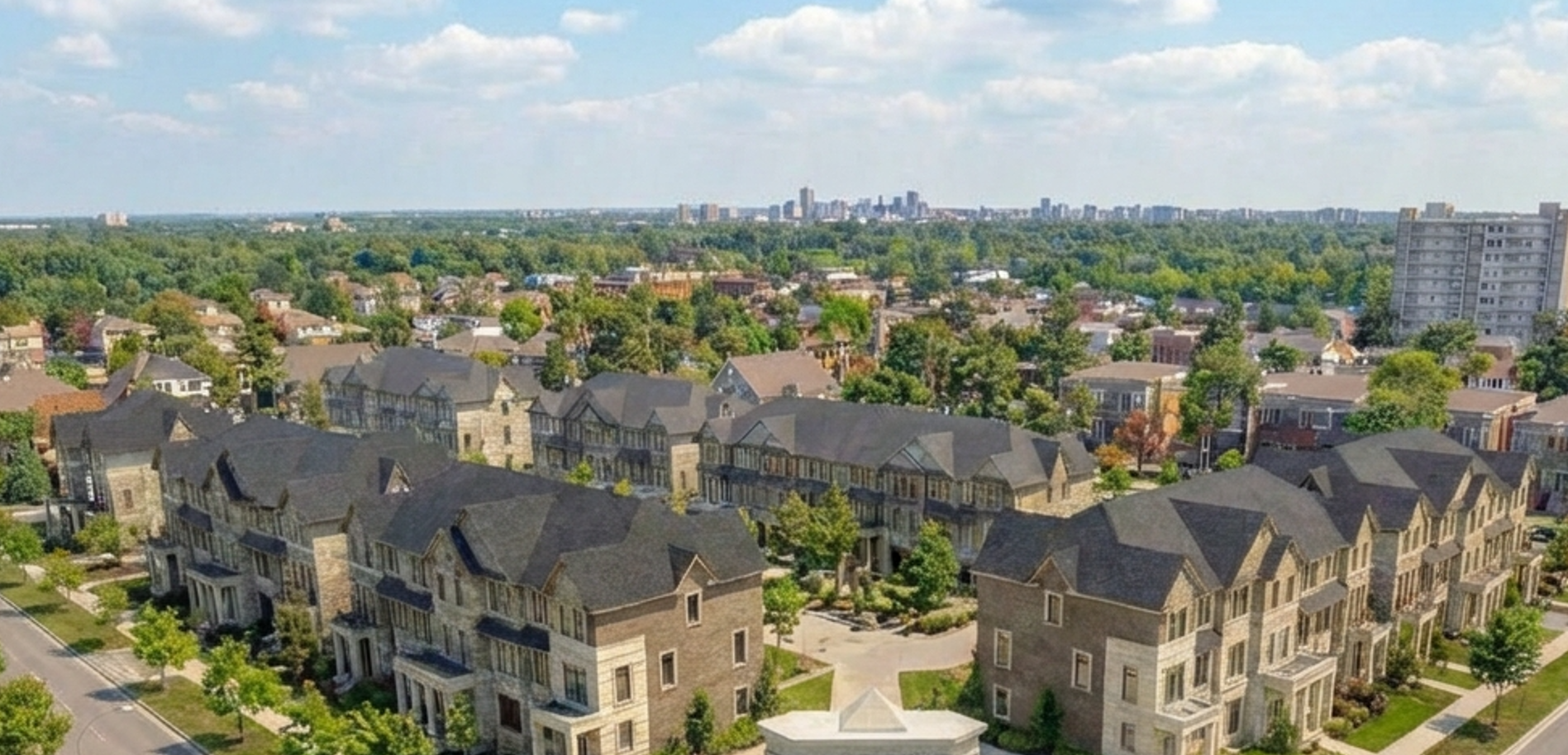 Aerial render of Manors on Mayfield luxury townhome development by Sakmet Developments, Whitby Ontario