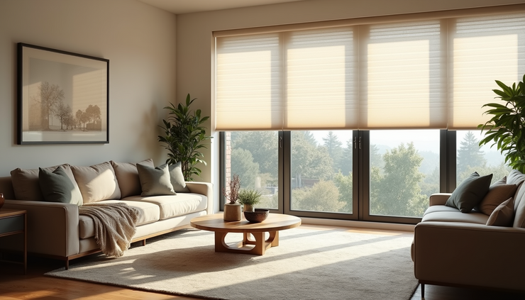 Eye-level view of elegant living room with custom blinds filtering natural light