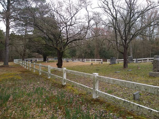 a cemetery with several trees and a fence around it