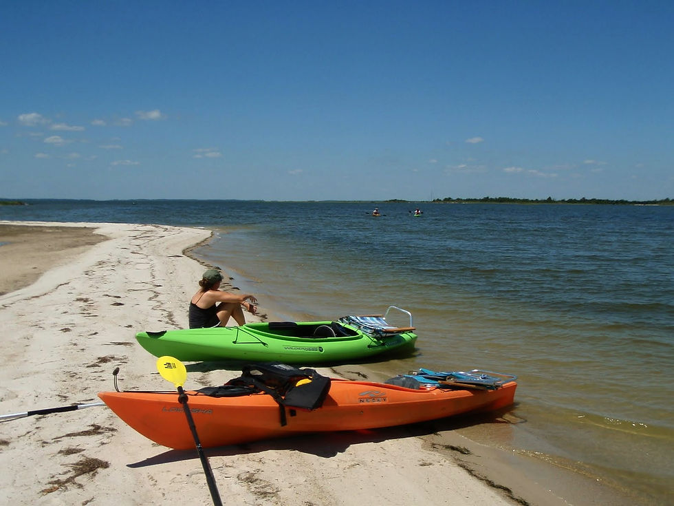 a woman sits on a beach next to two kayaks looking out over a large body of water on a sunny day