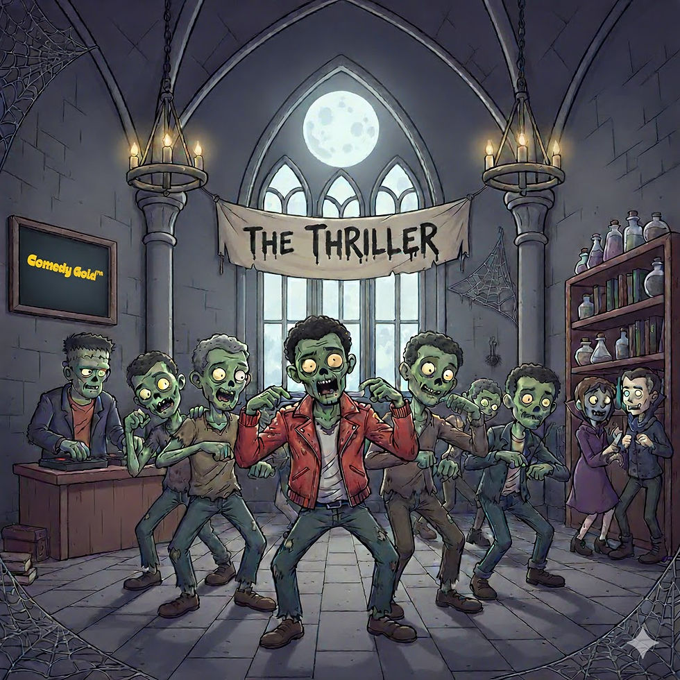 A group of cartoon zombies dancing in a spooky stone hall with a "The Thriller" banner, illuminated by a full moon through arched windows, with chandeliers, cobwebs, potion bottles, and a "Comedy Gold" sign.