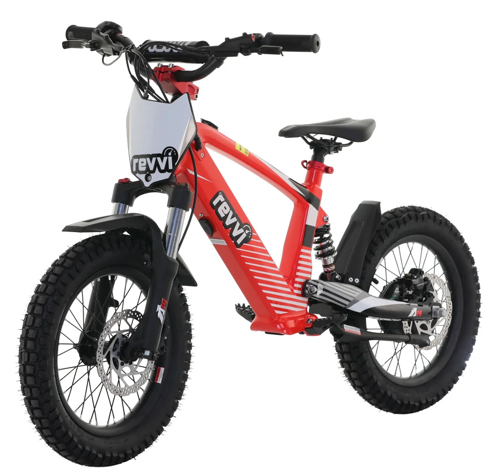 Red Revvi electric kids bike with full suspension.