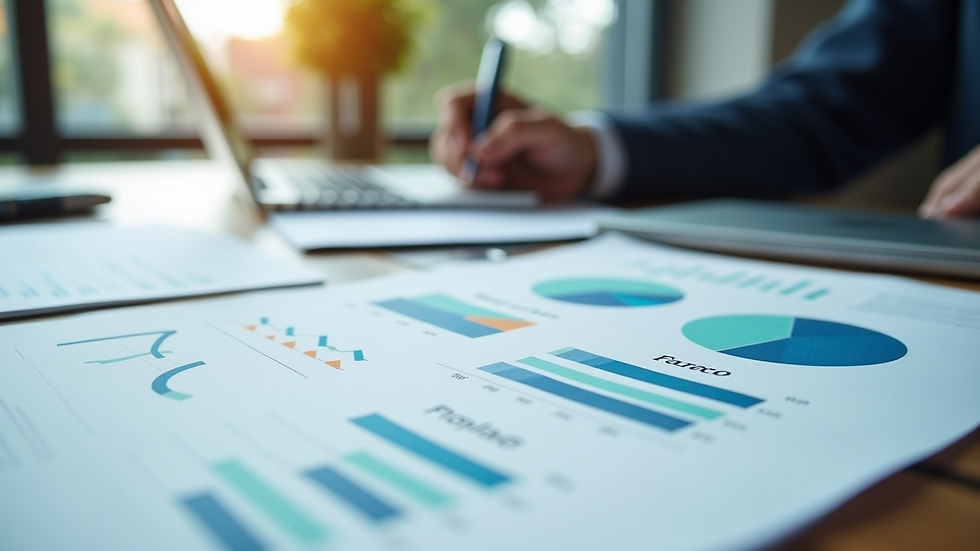 Eye-level view of a financial report with charts and graphs on a desk