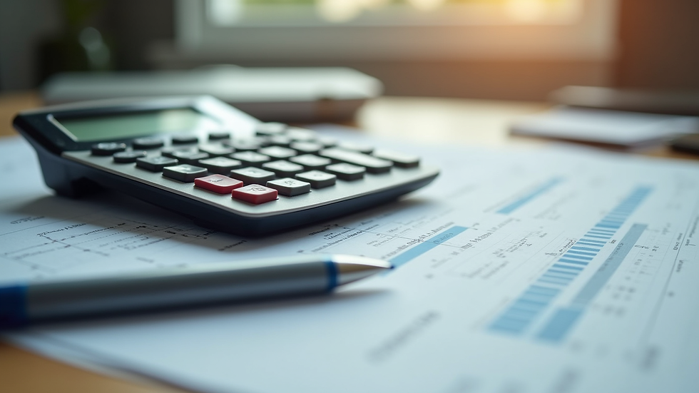Close-up view of a calculator and financial documents on a desk
