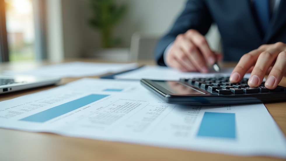 Close-up of calculator and financial report on office table