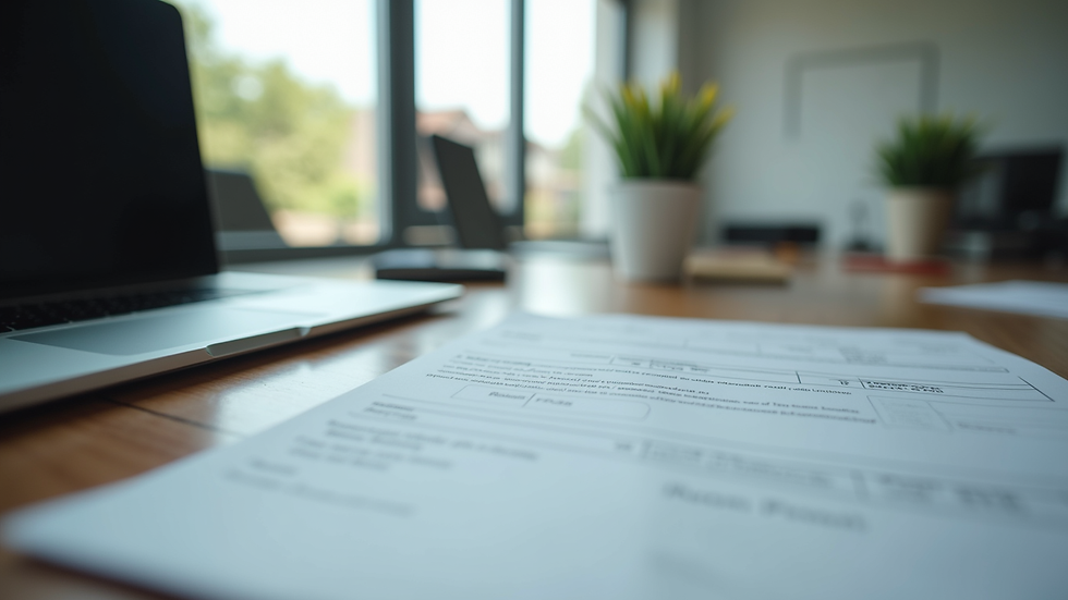 Eye-level view of office desk with registration documents and laptop