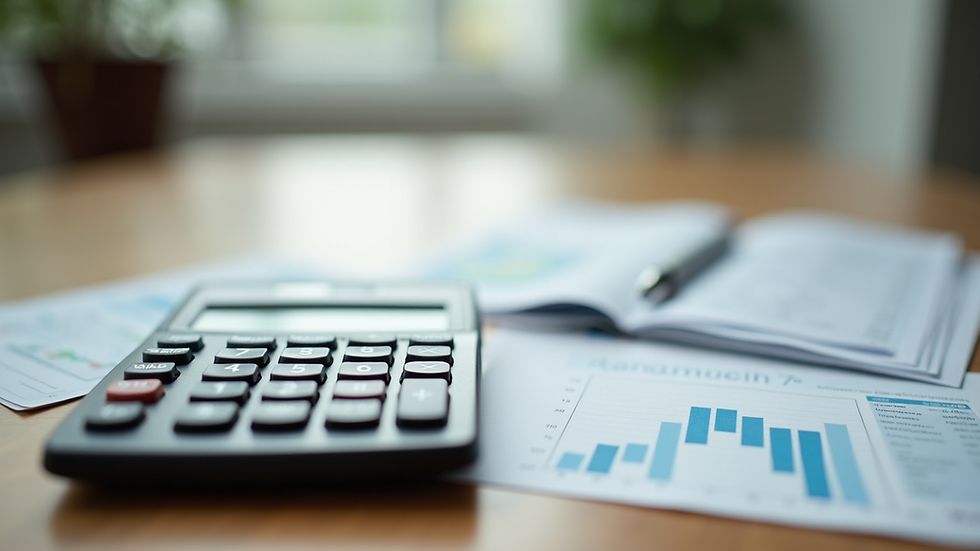 Close-up view of a calculator and financial documents on a wooden table