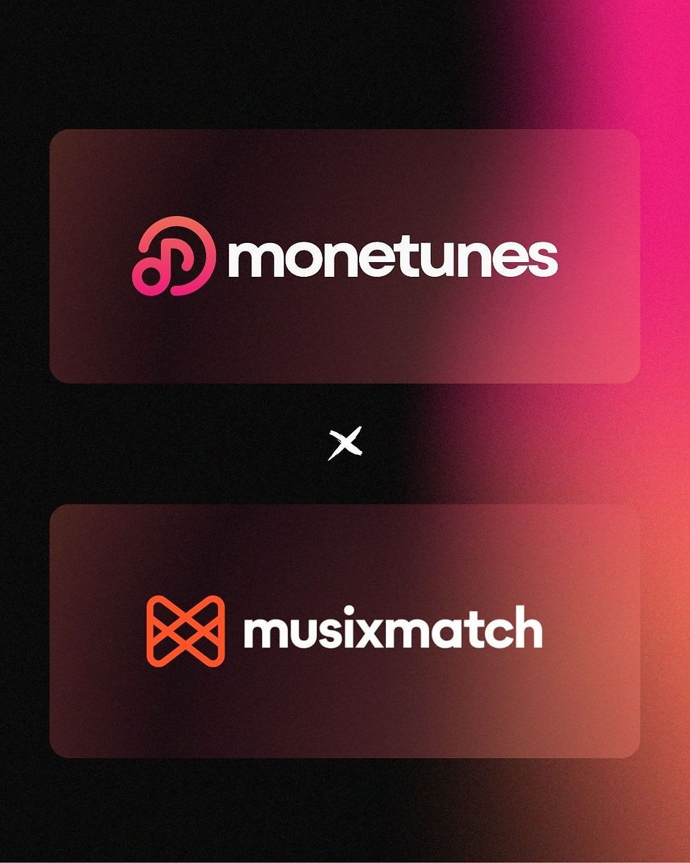 Logos of "monetunes" and "musixmatch" on a black to pink gradient background, separated by a white "x".