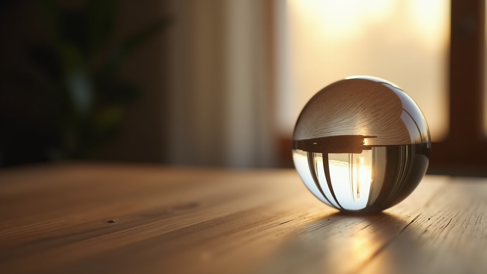 Vue rapprochée d'une boule de cristal posée sur une table en bois, éclairée par une lumière douce