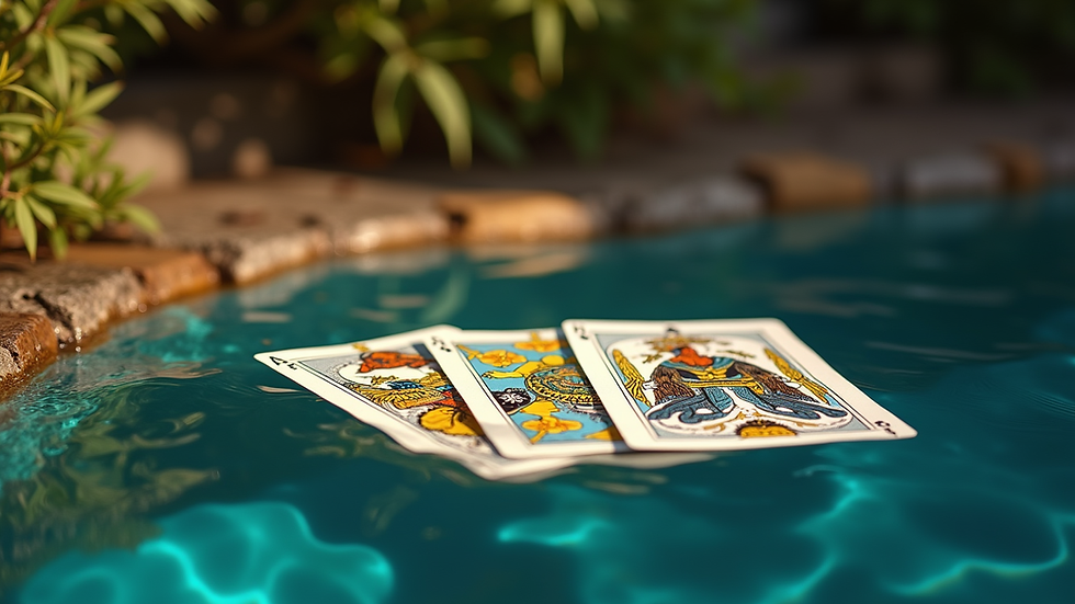Vue en plongée d’un tirage de tarot avec trois cartes étalées sur une nappe colorée