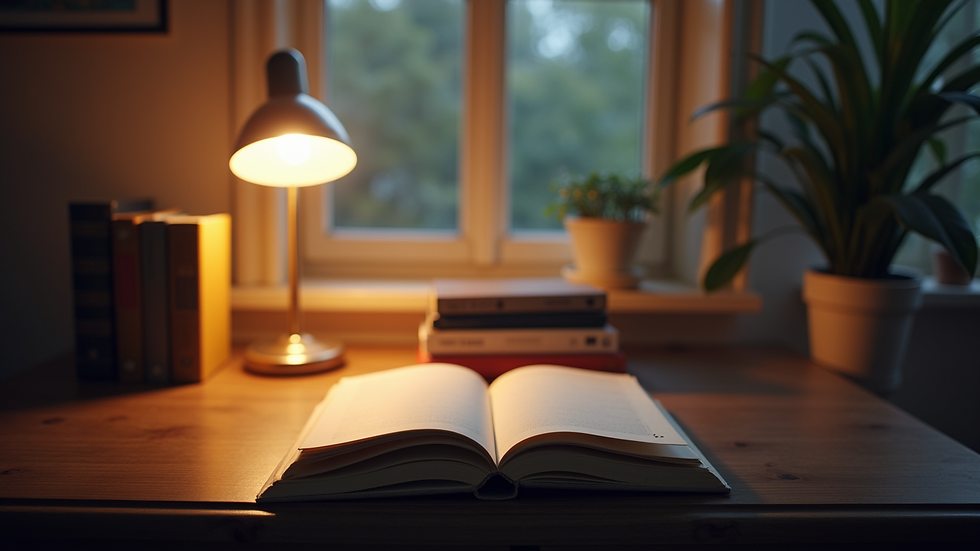 Vue en plongée d’un bureau avec un carnet ouvert et une lampe douce, symbolisant la réflexion et la guidance