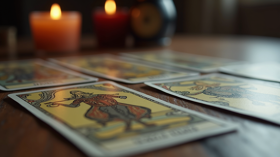 Close-up view of tarot cards laid out on a wooden table