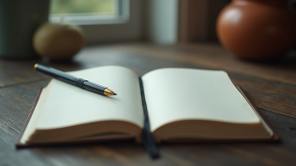 Vue en plongée d’un carnet ouvert avec un stylo, symbolisant la prise de notes lors d’une consultation de voyance