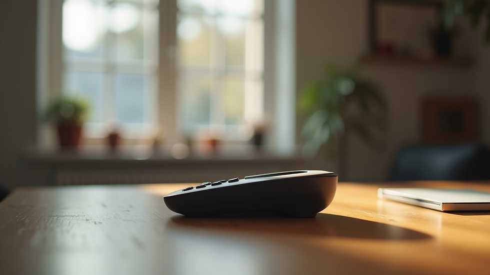 Vue rapprochée d’un téléphone posé sur une table en bois, prêt pour une consultation