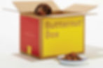 Brown dog peeks from a Butternut Box with "Real good food" text. A dish of colorful dog food is in front. Bright setting.
