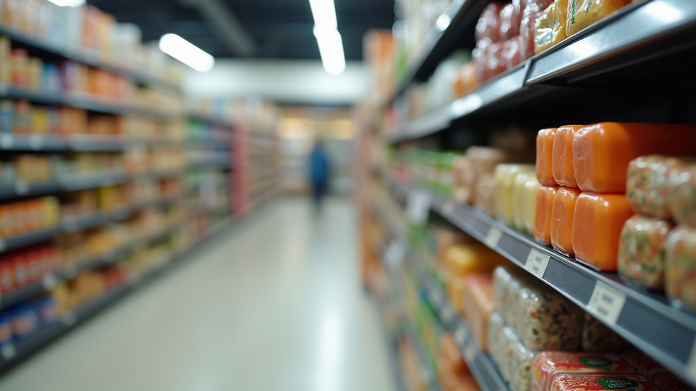 Close-up view of a supermarket aisle with various packaged food products